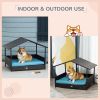 Wicker Dog House Elevated Raised Rattan Bed for Indoor/Outdoor with Removable Cushion Lounge, Blue