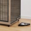 Furniture Style Dog Crate Side Table With Rotatable Feeding Bowl, Wheels, Three Doors, Flip-Up Top Opening. Indoor, Grey, 43.7"W x 30"D x 33.7"H