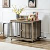 Furniture Style Dog Crate Side Table With Rotatable Feeding Bowl, Wheels, Three Doors, Flip-Up Top Opening. Indoor, Grey, 38.58"W x 25.2"D x 27.17"H